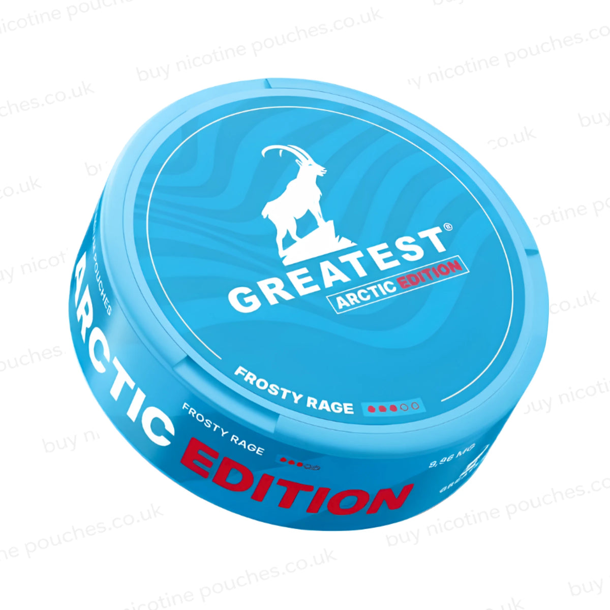 Angled shot of a blue nicotine pouch container with GREATEST Frosty Rage branding with a goat logo on a white background.