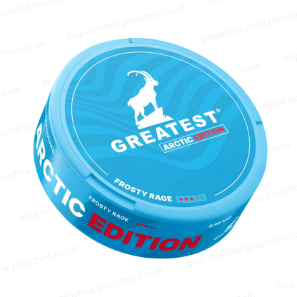 Angled shot of a blue nicotine pouch container with GREATEST Frosty Rage branding with a goat logo on a white background.