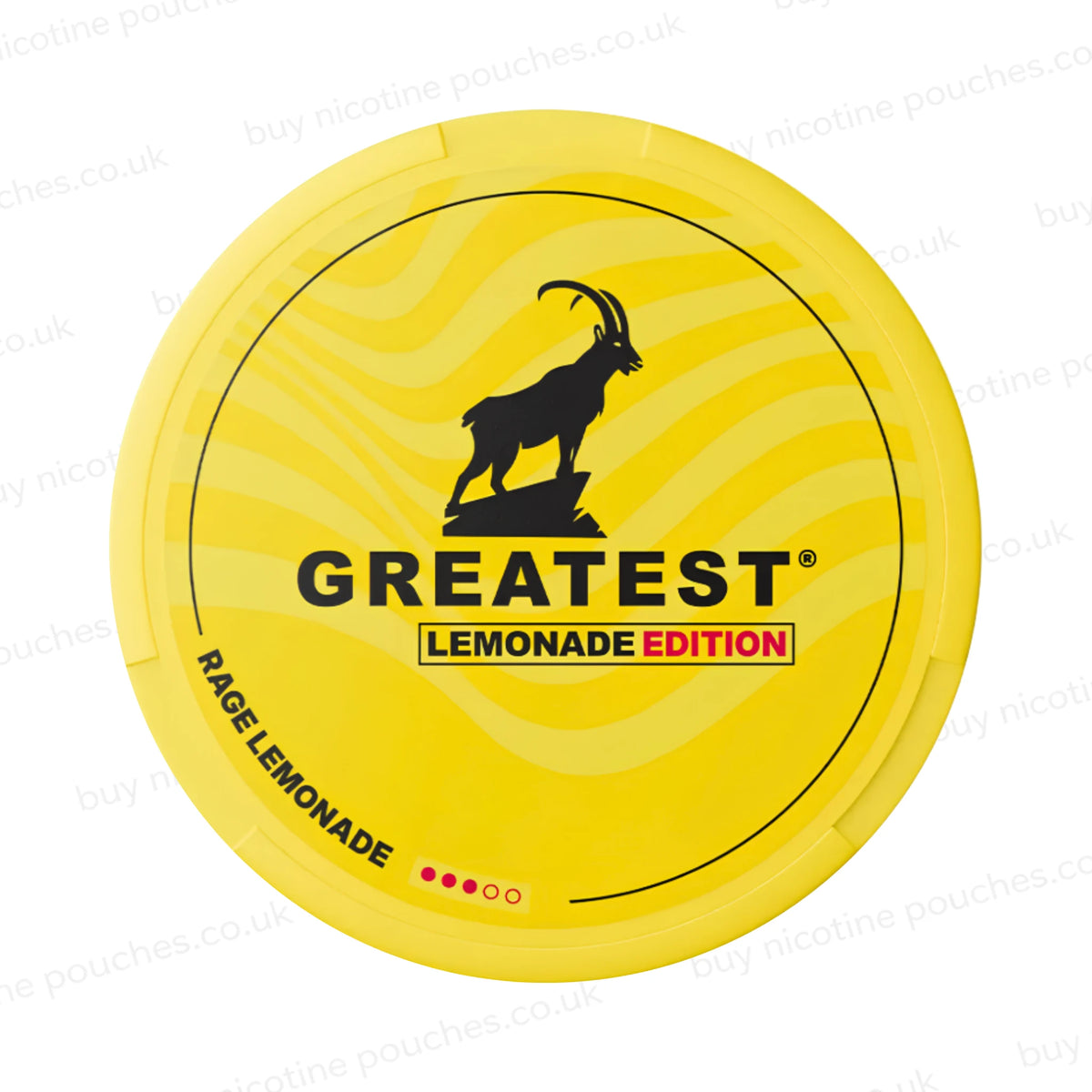 Yellow nicotine pouch container with GREATEST Rage Lemonade branding with a goat logo on a white background.