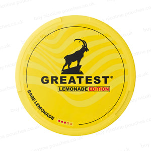 Yellow nicotine pouch container with GREATEST Rage Lemonade branding with a goat logo on a white background.