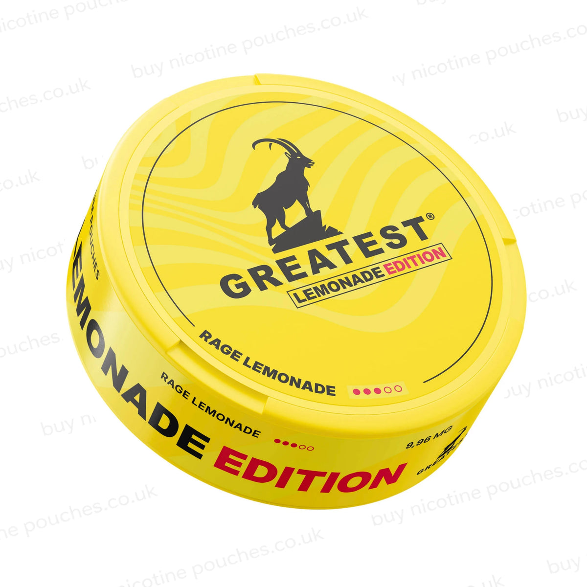 Angled shot of a yellow nicotine pouch container with GREATEST Rage Lemonade branding with a goat logo on a white background.