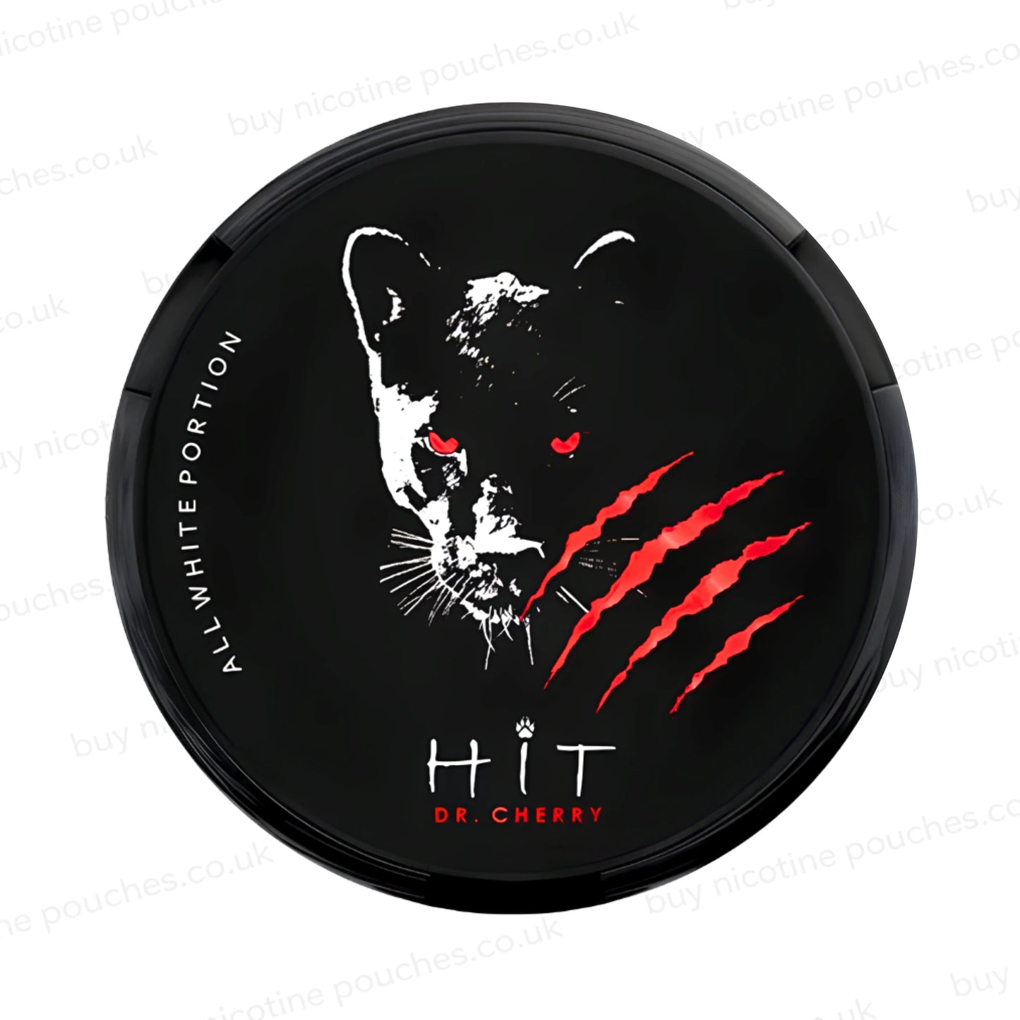 Black nicotine pouch container with white and red HIT Dr Cherry branding on a white background.