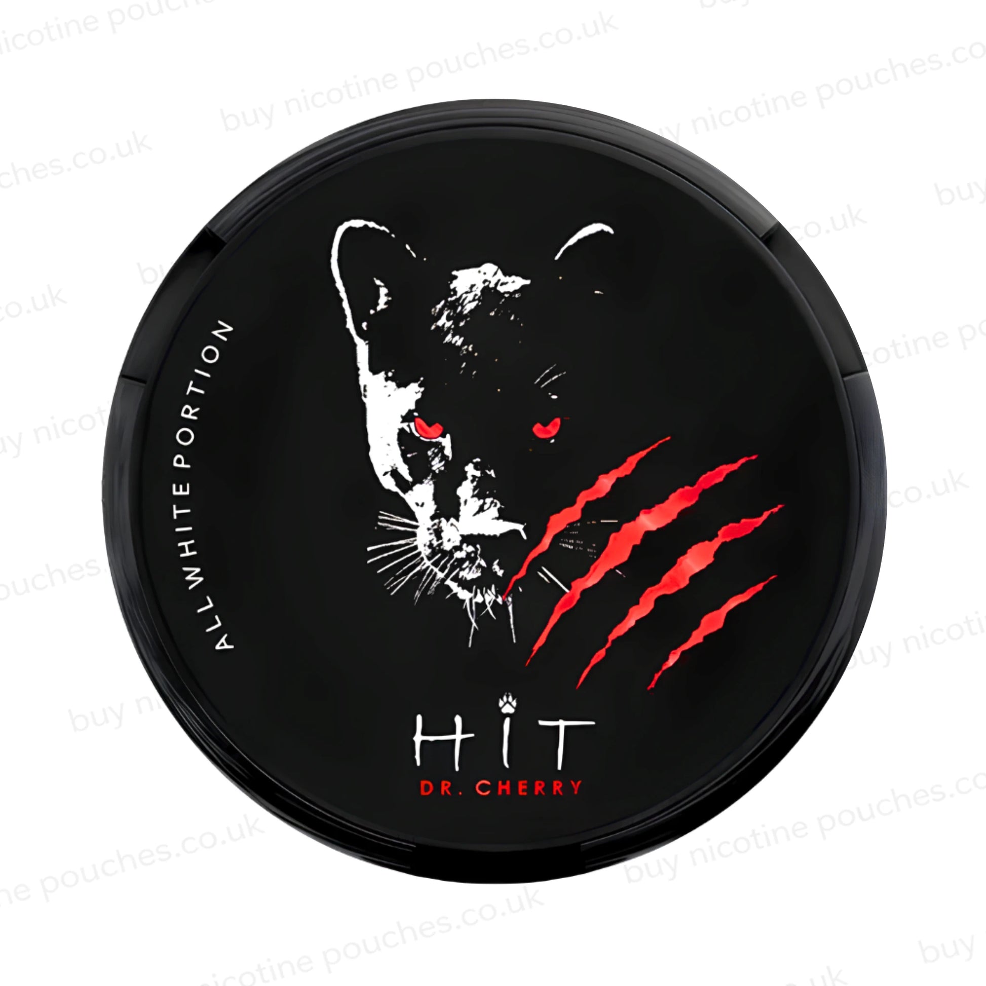 Black nicotine pouch container with white and red HIT Dr Cherry branding on a white background.
