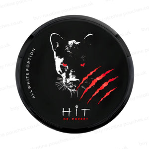 Black nicotine pouch container with white and red HIT Dr Cherry branding on a white background.