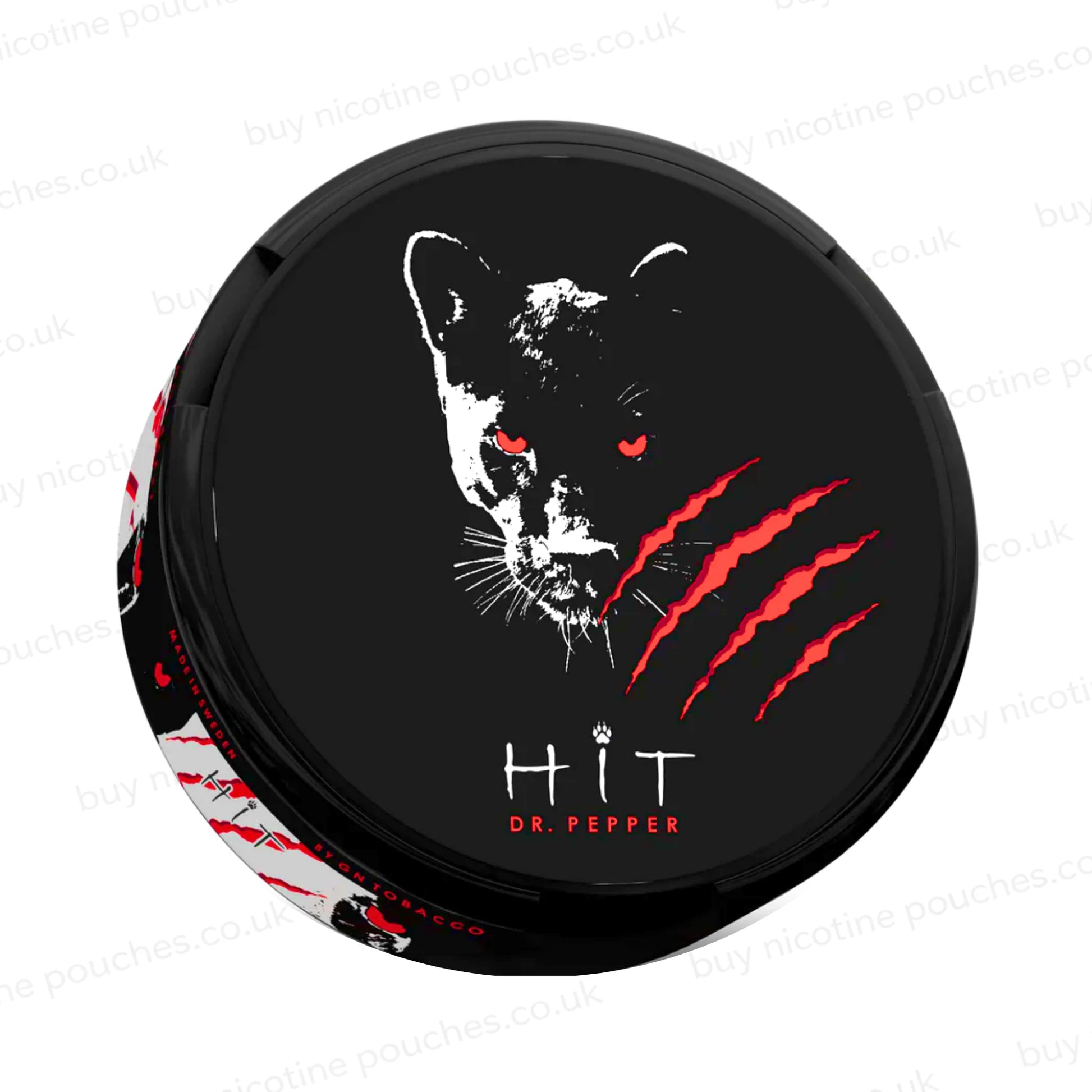 Angled shot of a black nicotine pouch container with white and red HIT Dr Cherry branding on a white background.