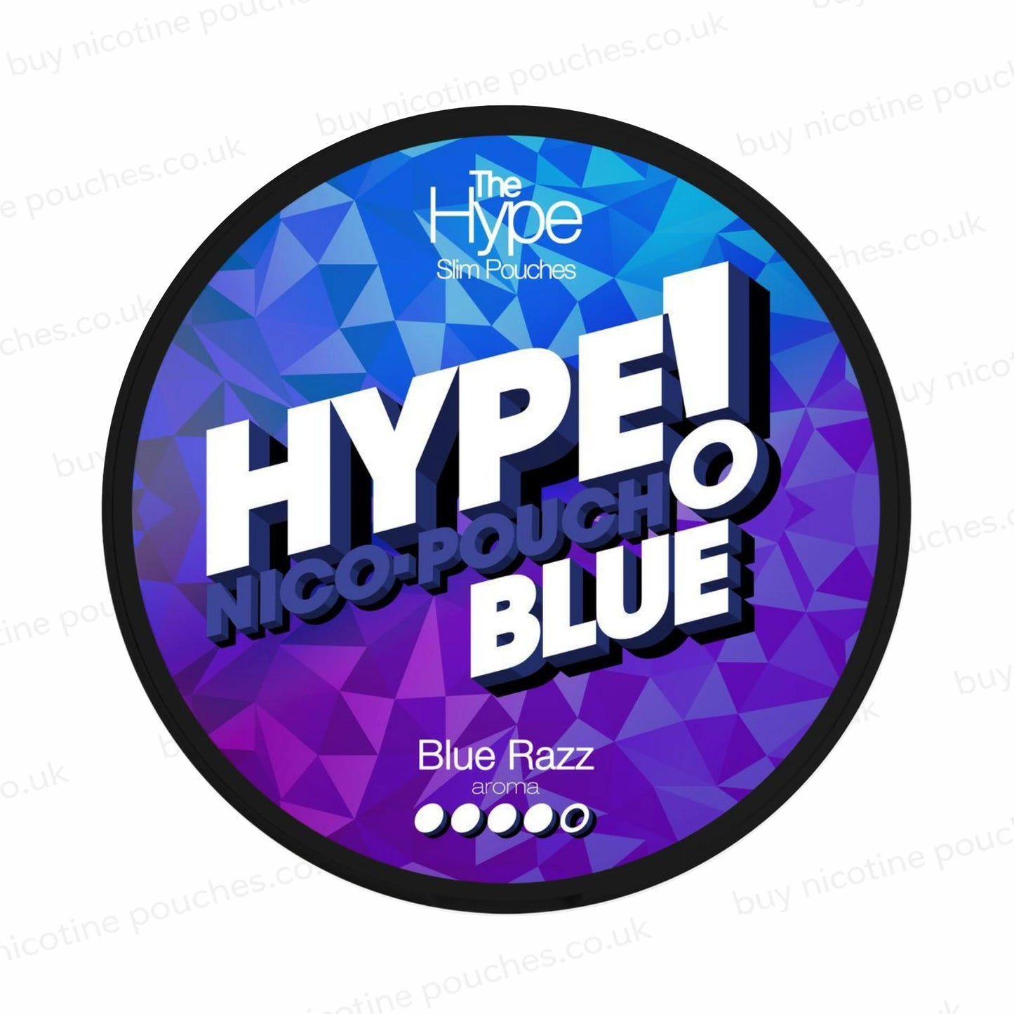 Nicotine pouch tub with 'HYPE! Blue Razz' branding on a white background.