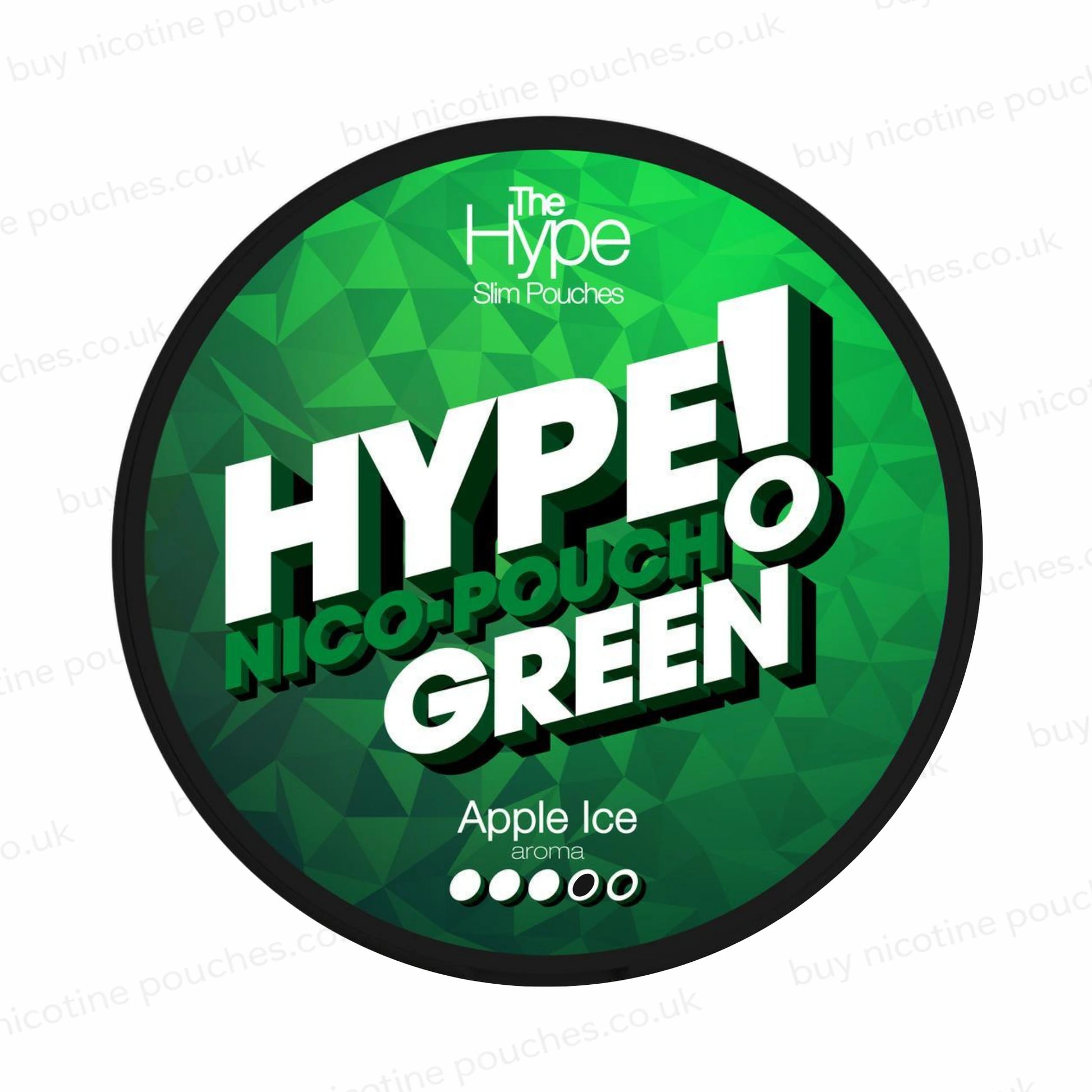 Nicotine pouch tub with 'HYPE! Green Apple Ice' branding on a white background.