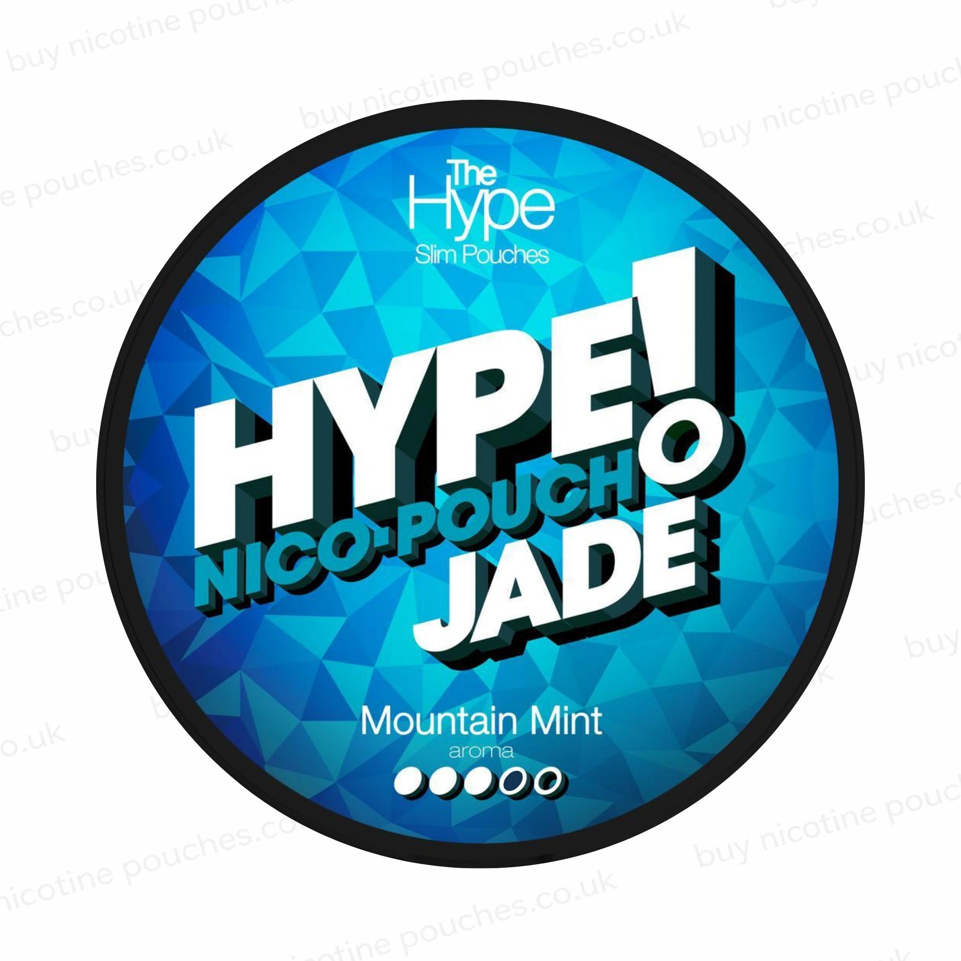 Nicotine pouch tub with 'HYPE! Jade Mountain Mint' branding on a white background. 