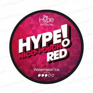 Nicotine pouch tub with 'HYPE! Red Watermelon Ice' branding on a white background.