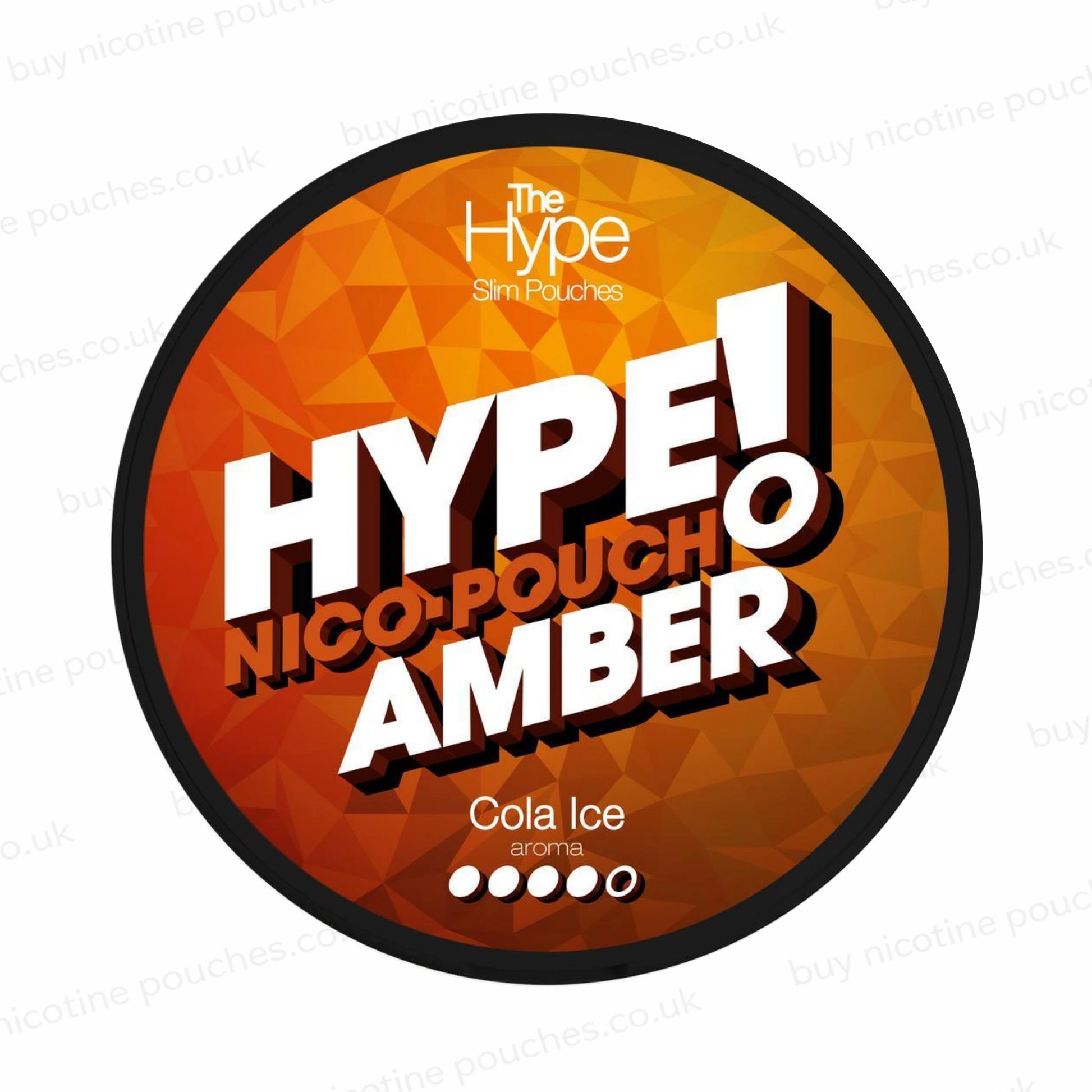Nicotine pouch tub with 'HYPE! Amber Cola Ice' branding on a white background.