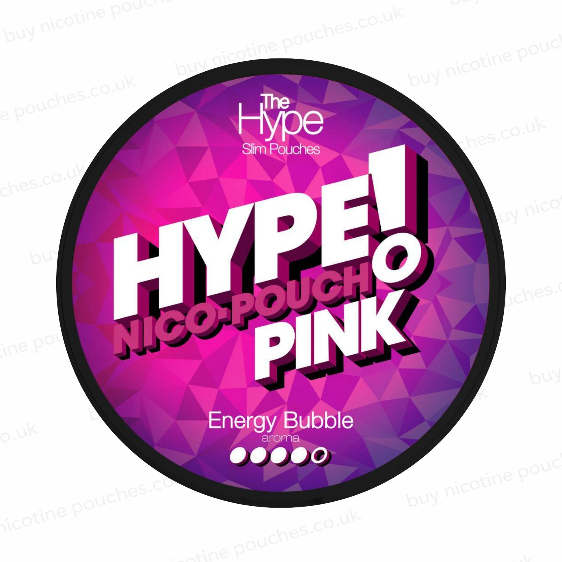 Nicotine pouch tub with 'HYPE! Pink Energy Bubble' branding, on a white background.