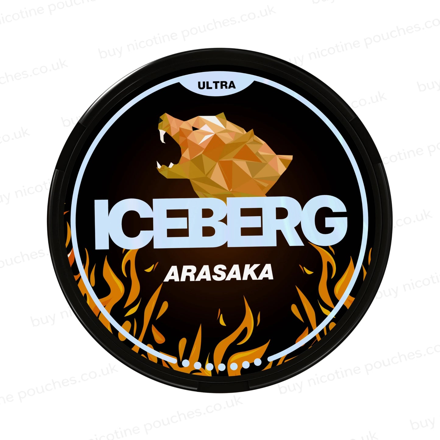 Nicotine pouch tub with orange and black 'Iceberg Arasaka Ultra branding on a white background.