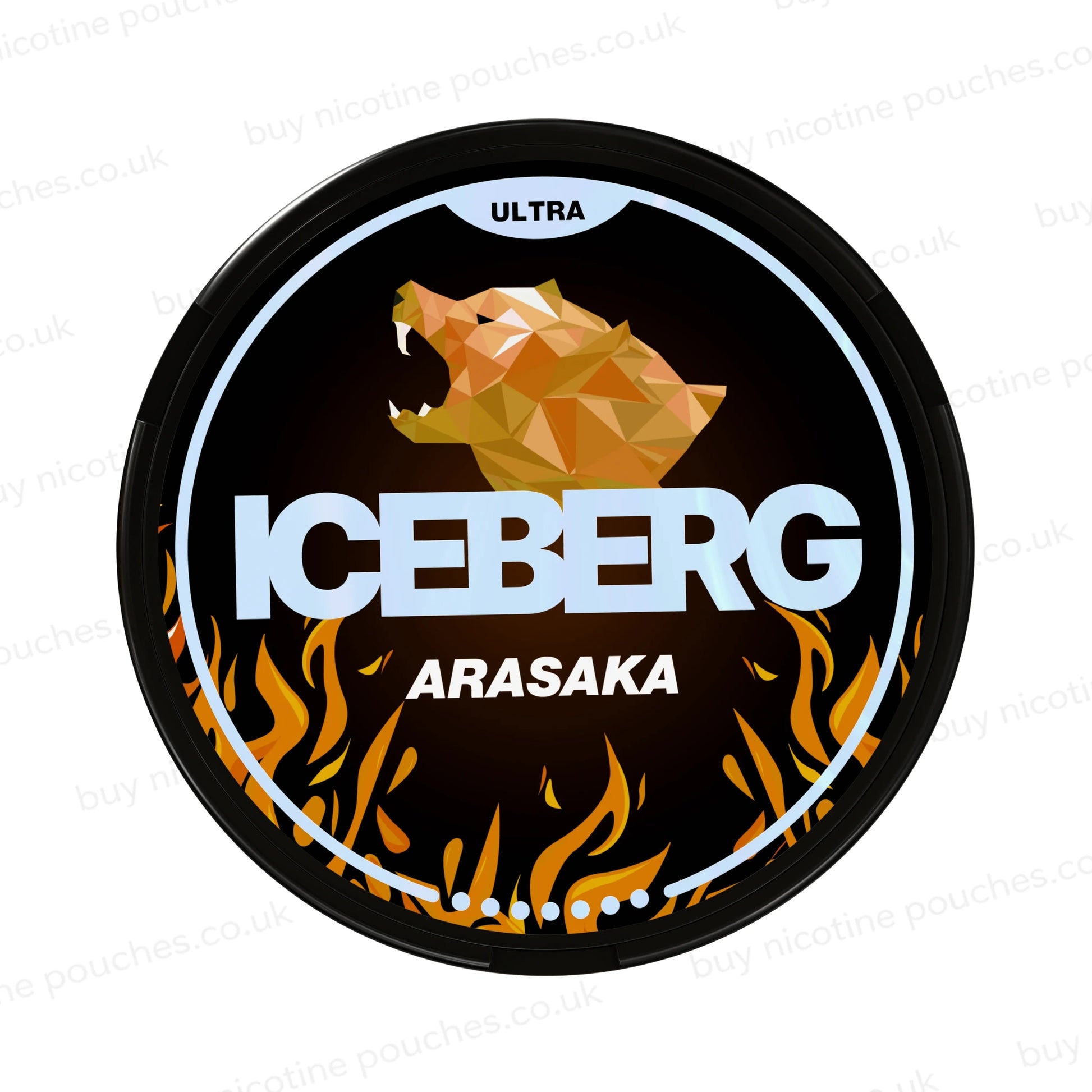 Nicotine pouch tub with orange and black 'Iceberg Arasaka Ultra branding on a white background.