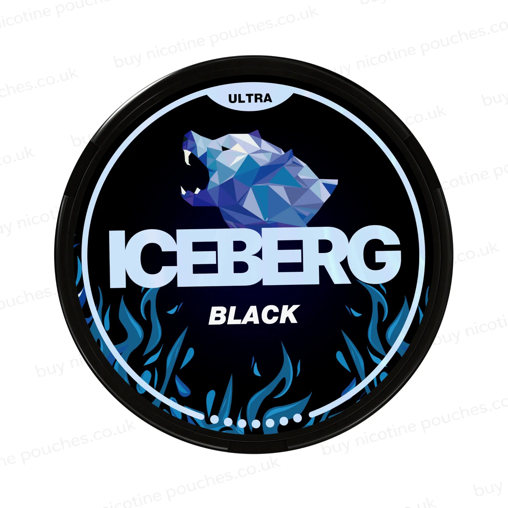 Nicotine pouch tub with black and blue 'Iceberg Black Ultra' branding on a white background.