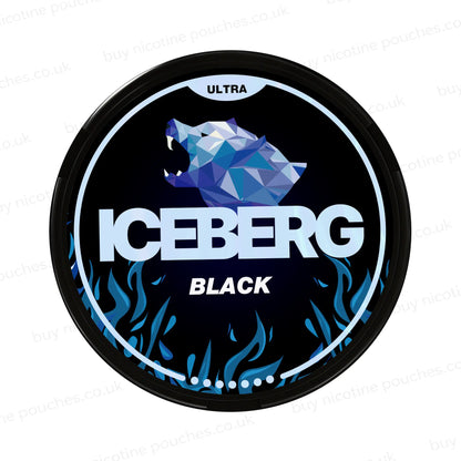 Nicotine pouch tub with black and blue 'Iceberg Black Ultra' branding on a white background.