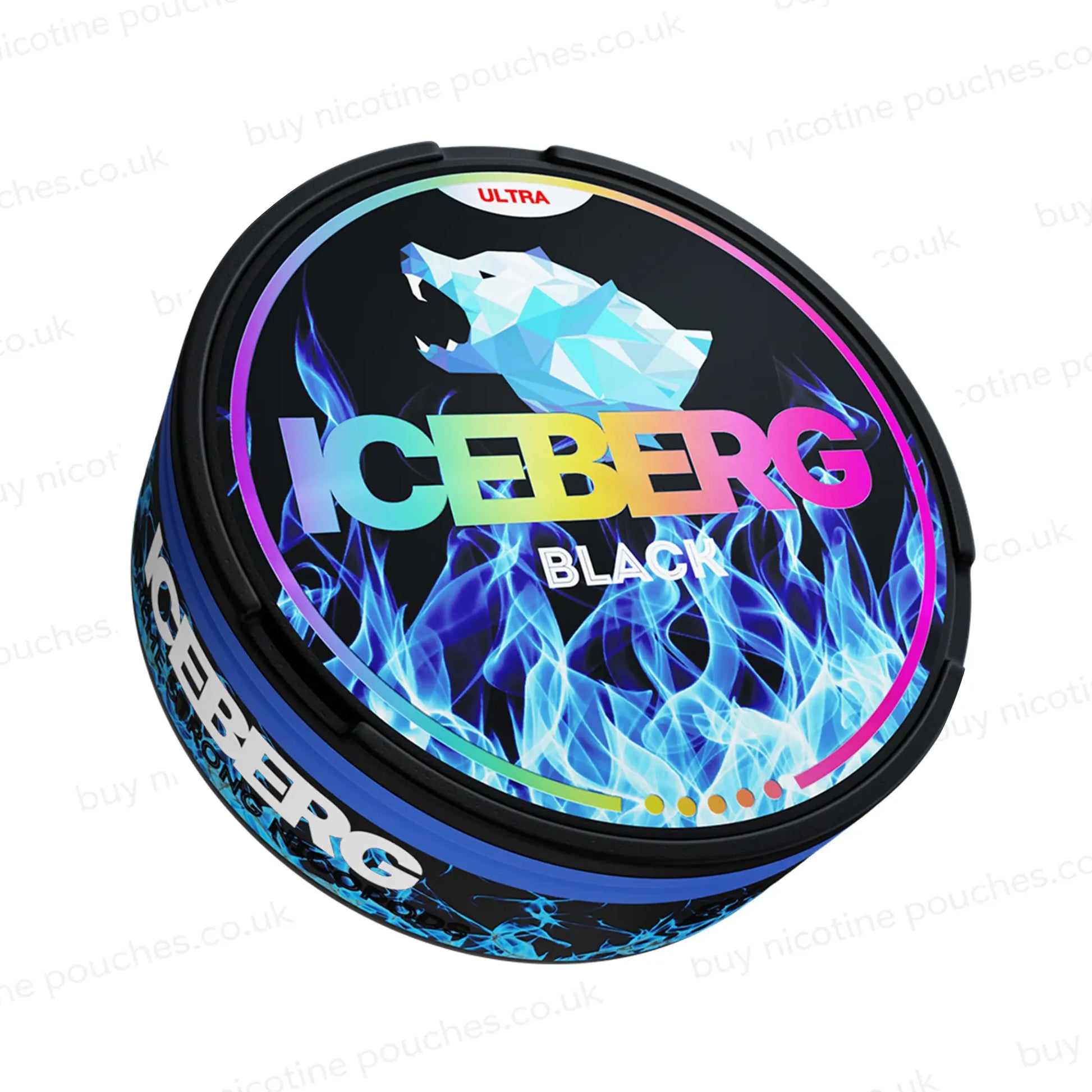 Angled shot of a nicotine pouch tub with black and blue 'Iceberg Black Ultra' branding on a white background.