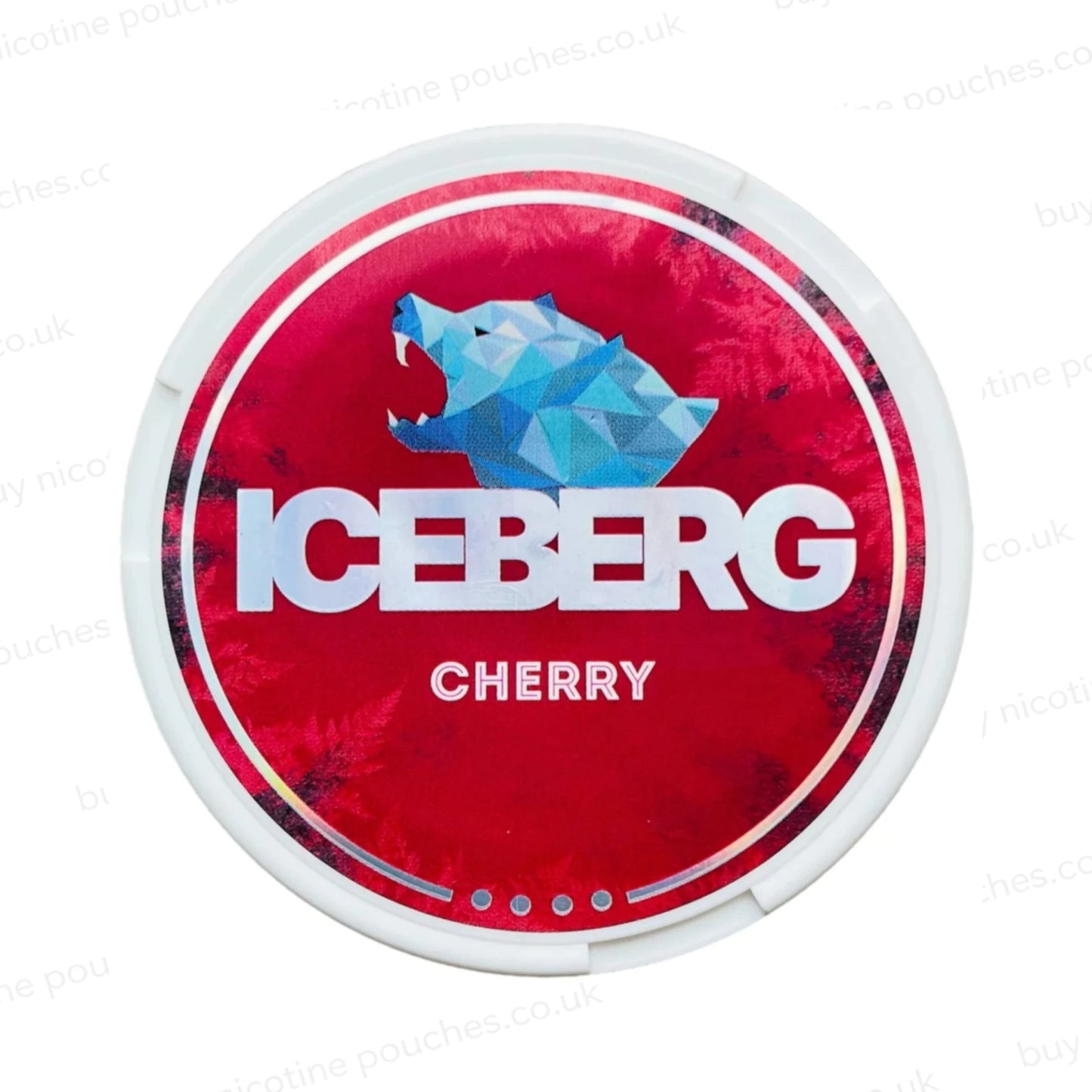 Nicotine pouch tub with Iceberg Cherry branding
