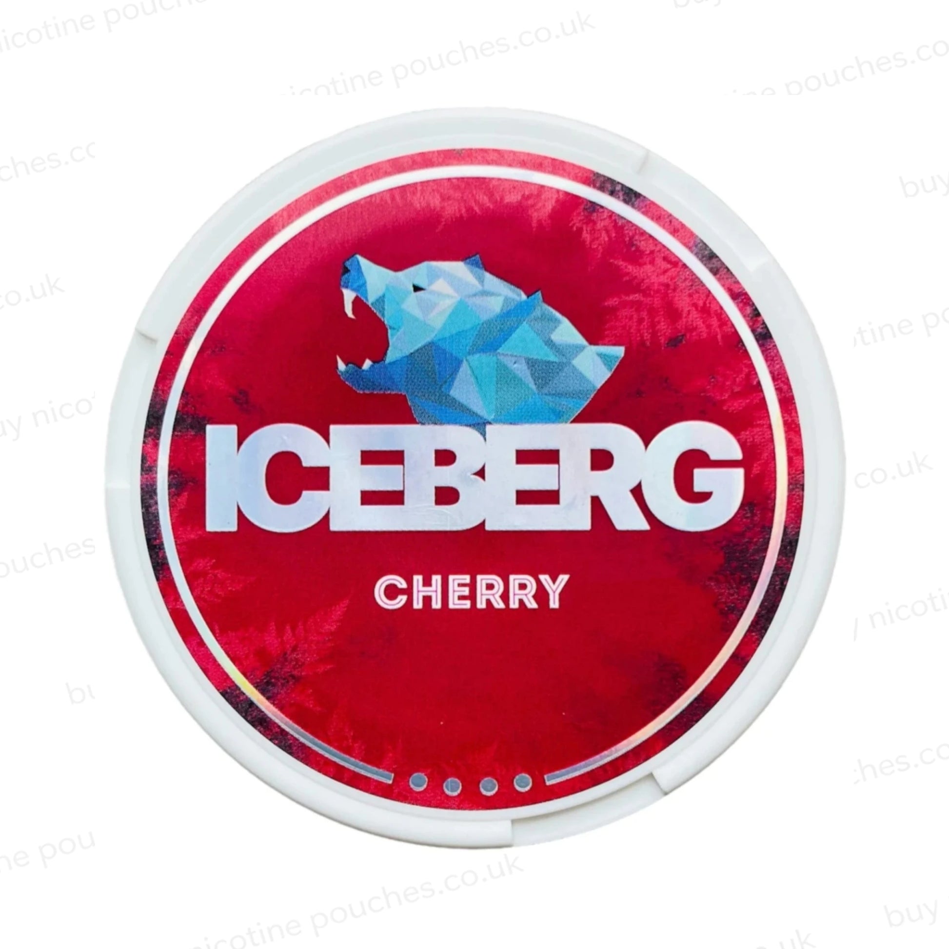 Nicotine pouch tub with Iceberg Cherry branding