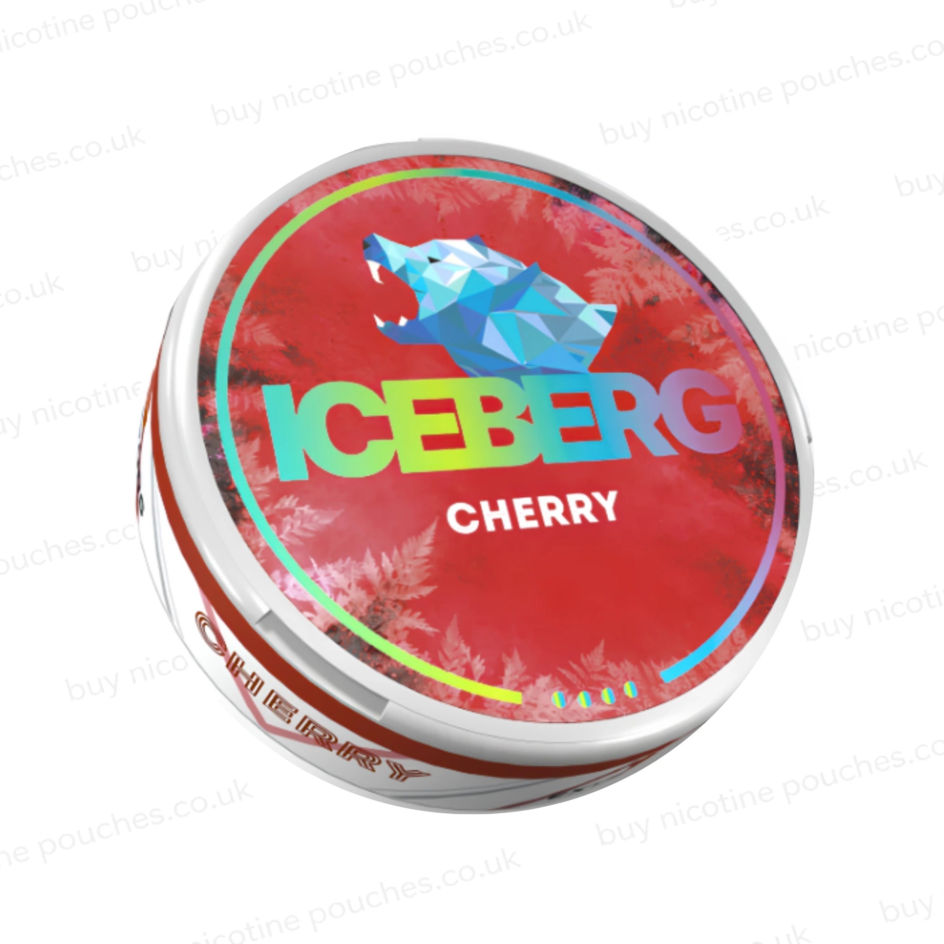 Nicotine pouch tub with Iceberg Cherry branding