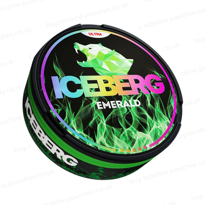 Angled shot of a nicotine pouch tub with black and green 'Iceberg Emerald Ultra' branding on a white background.