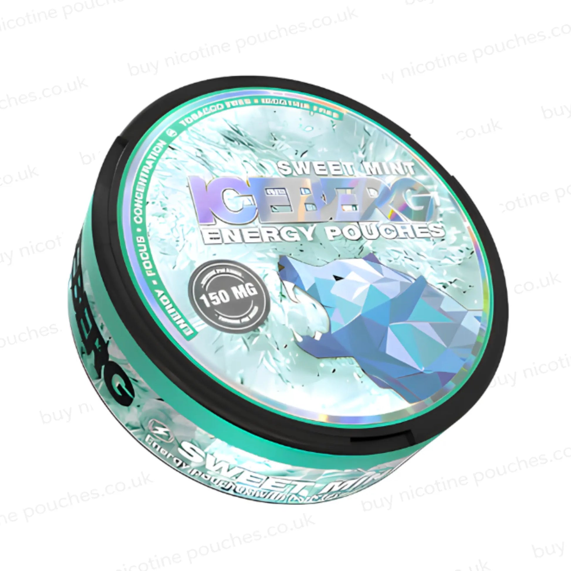 Circular tub with green ICEBERG Sweet Mint Energy 150mg text and branding on a white background.