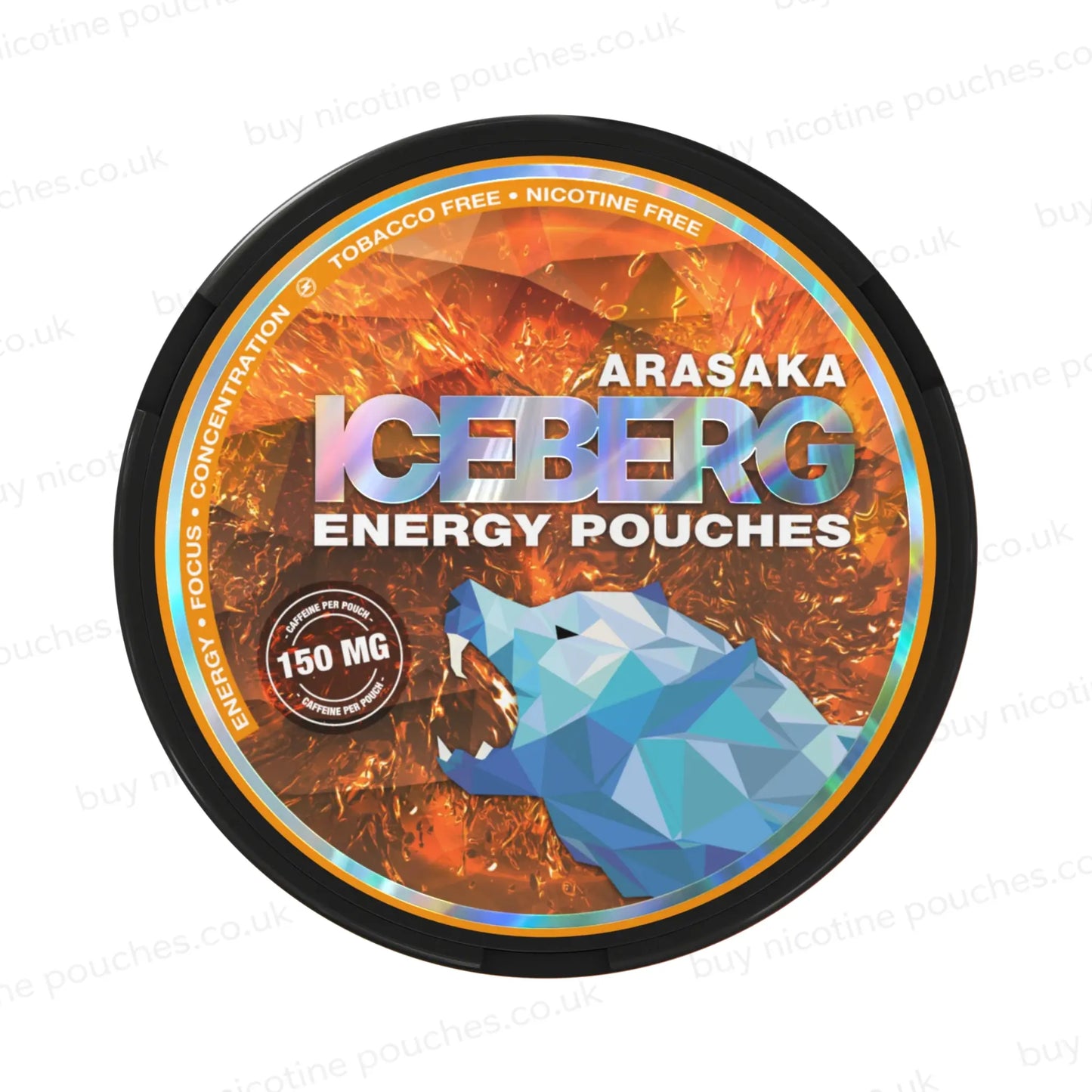 Circular tub with orange 'Iceberg Energy Pouches' branding.
