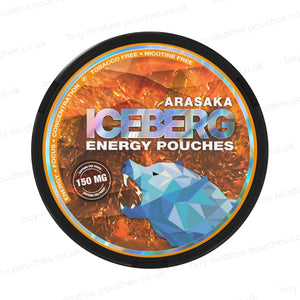 Circular tub with orange 'Iceberg Energy Pouches' branding.