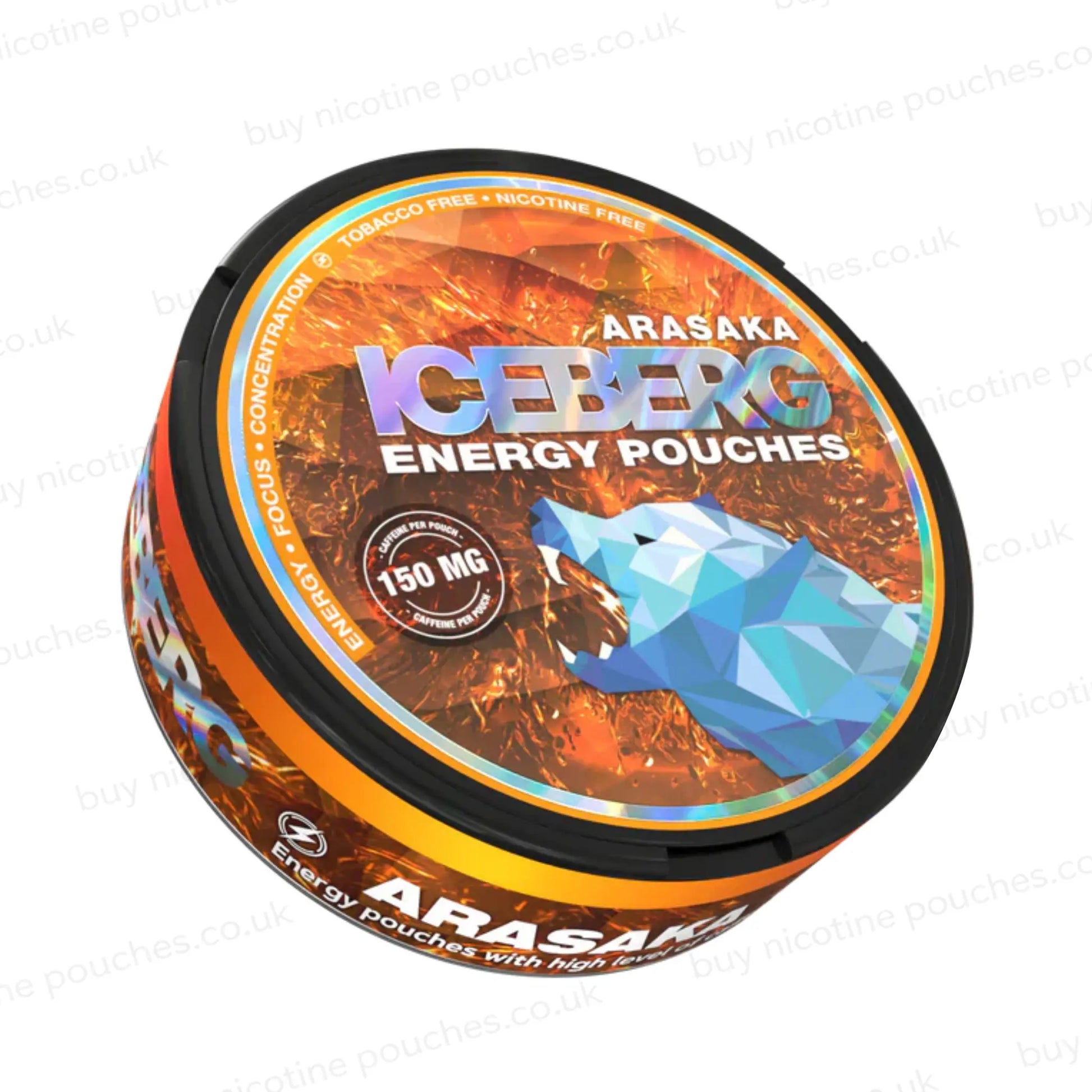 Circular tub with orange 'Iceberg Energy Pouches' branding.