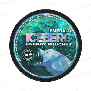 Nicotine pouch container with green ICEBERG Energy geometric branding on a white background