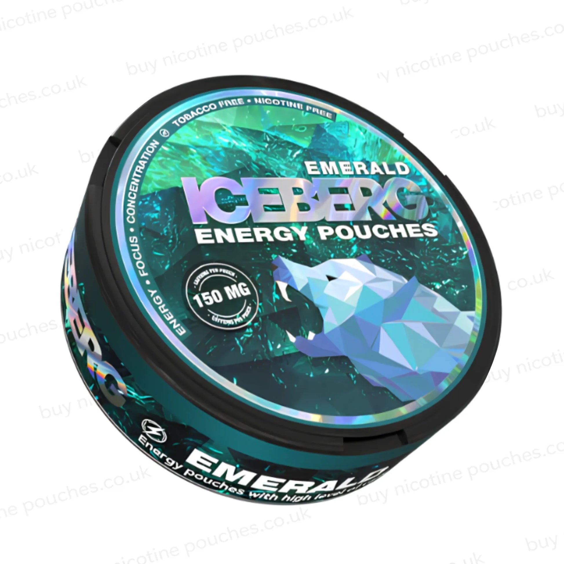 Angled shot of a nicotine pouch container with green ICEBERG Energy geometric branding on a white background