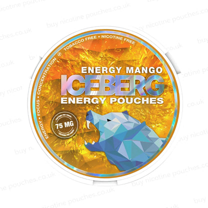 Round packaging of Iceberg Energy Mango energy pouches with colorful design and text.
