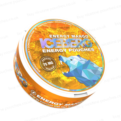 Round packaging of Iceberg Energy Mango energy pouches with colorful design and text.