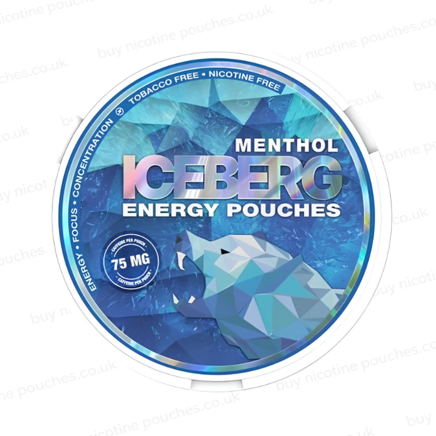 Circular packaging with a blue geometric bear logo and 'Iceberg Energy Menthol' text on a white background.