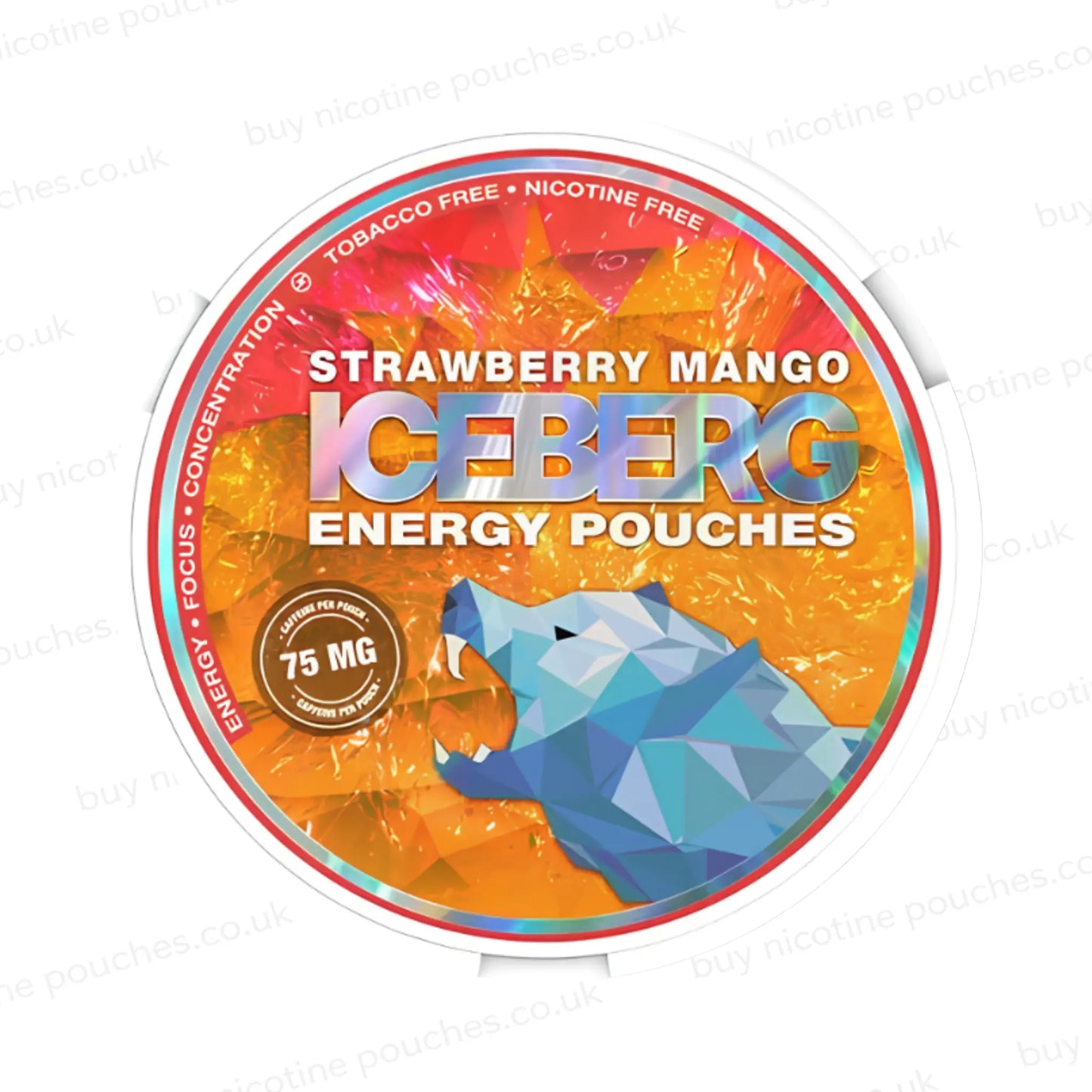 Circular tub with orange and red 'ICEBERG Strawberry Mango Energy Pouches' branding on a white background.