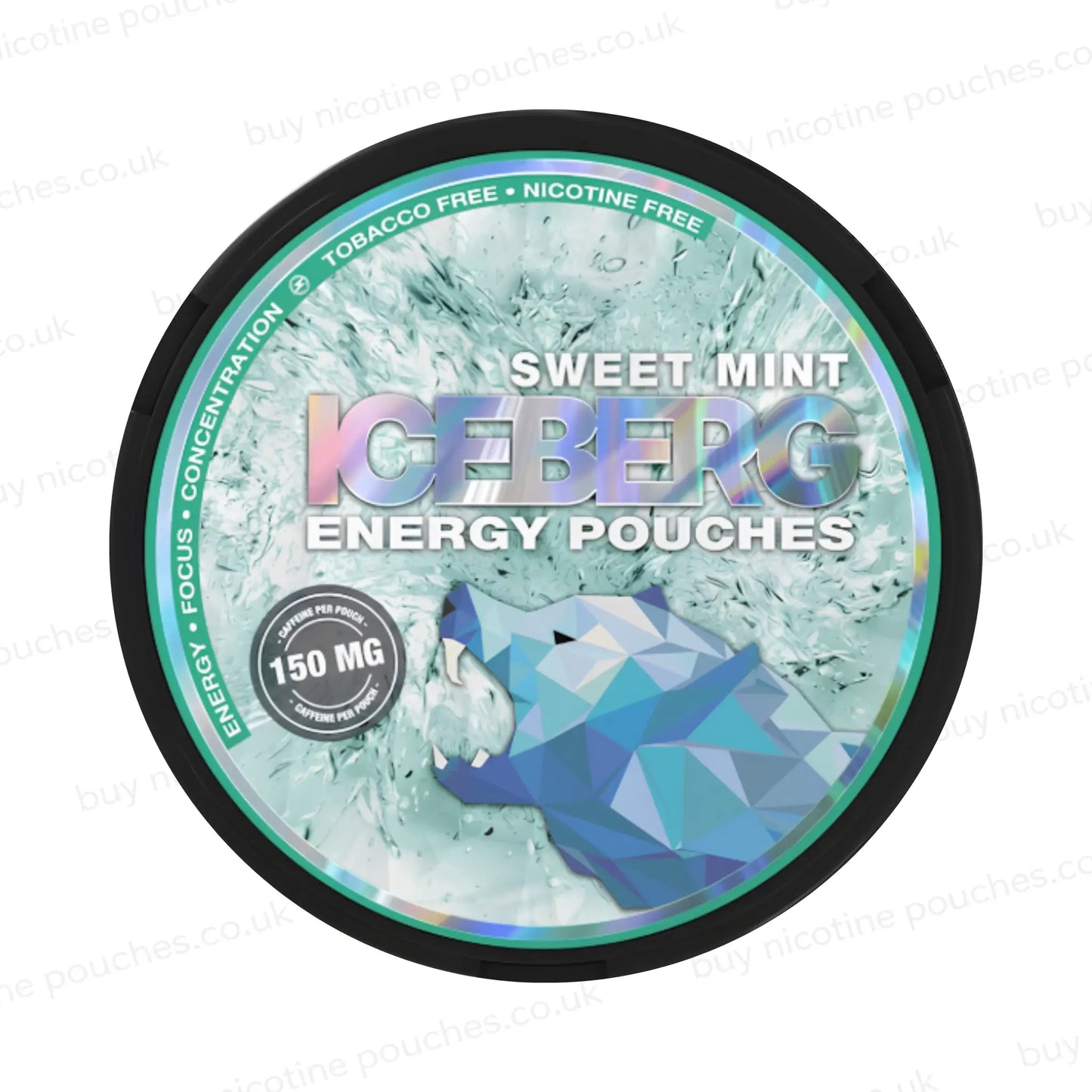 Circular tub with green ICEBERG Sweet Mint Energy 150mg text and branding on a white background.