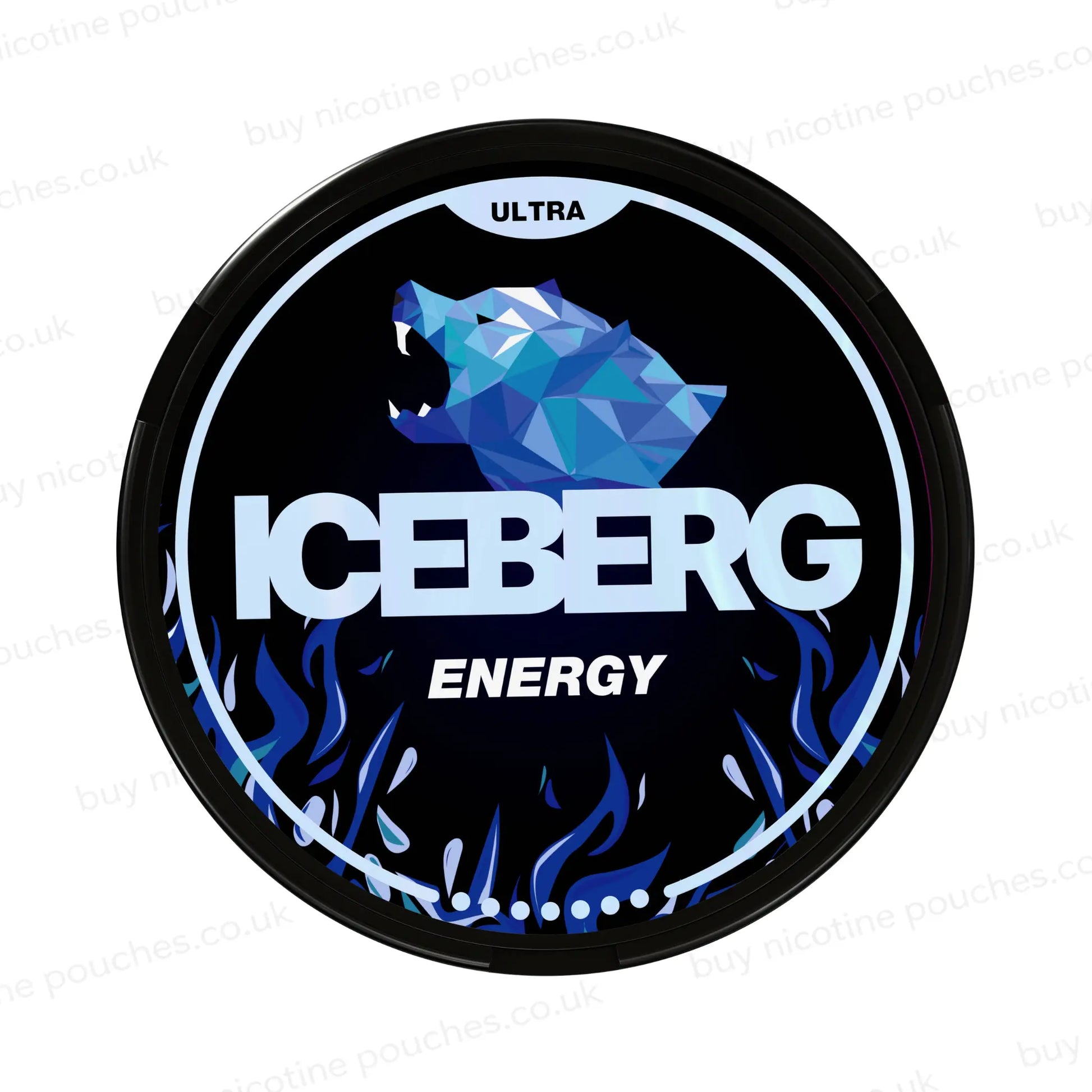 Nicotine pouch tub with black and blue 'Iceberg Energy Ultra' branding on a white background.
