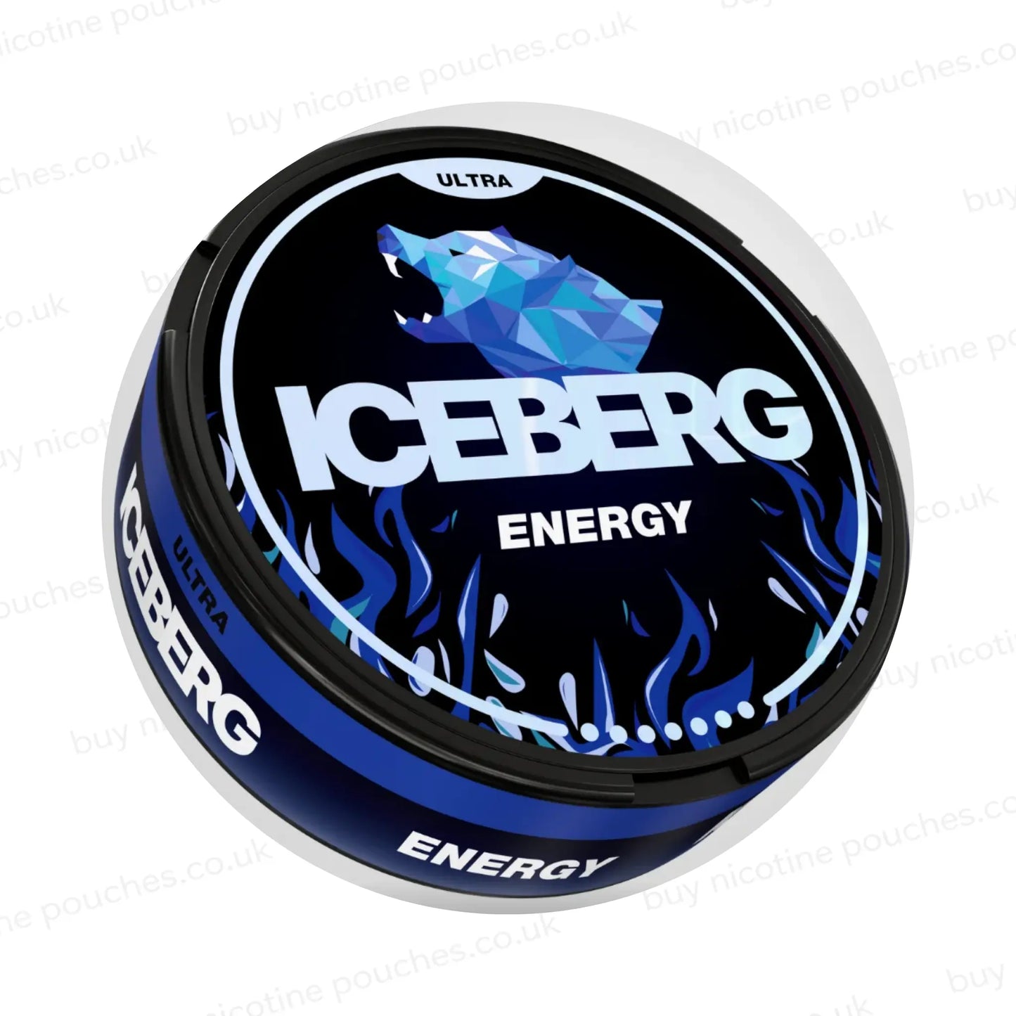 Angled shot of a nicotine pouch tub with black and blue 'Iceberg Energy Ultra' branding on a white background.