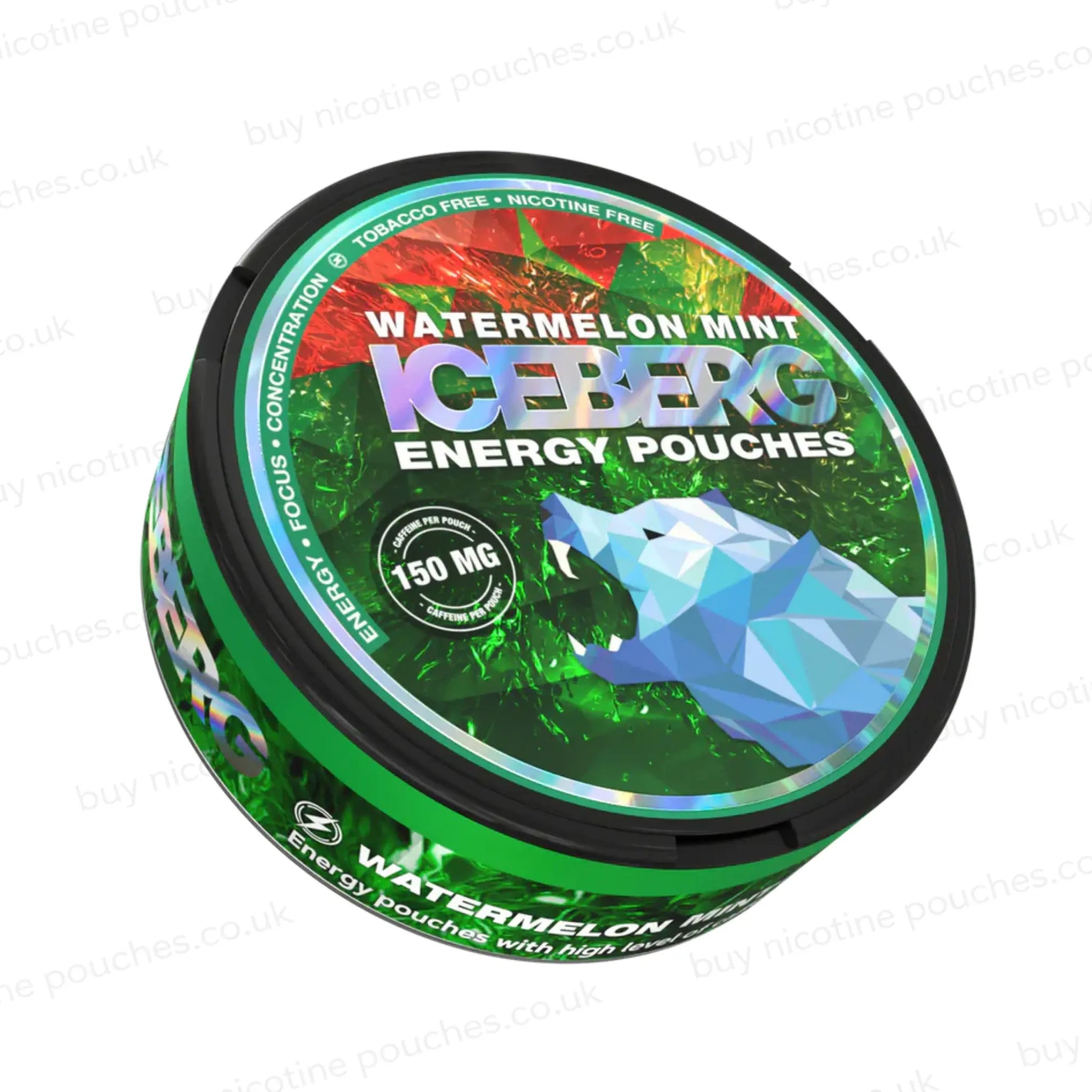 Iceberg Energy Pouches container with watermelon mint flavor on a white background
