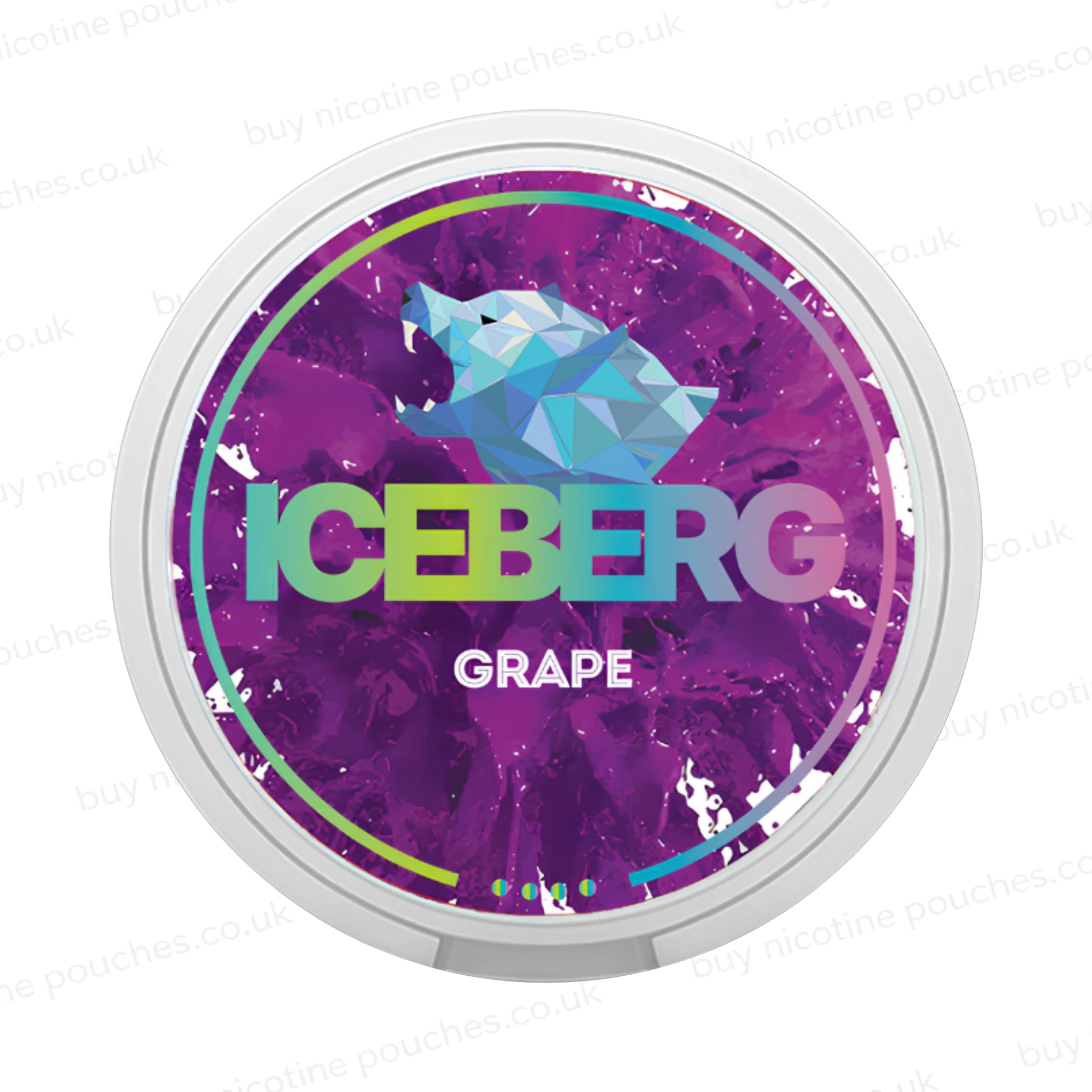 Nicotine pouch tub with purple Iceberg Grape branding with a geometric bear logo on a white background.