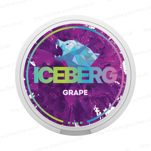Nicotine pouch tub with purple Iceberg Grape branding with a geometric bear logo on a white background.