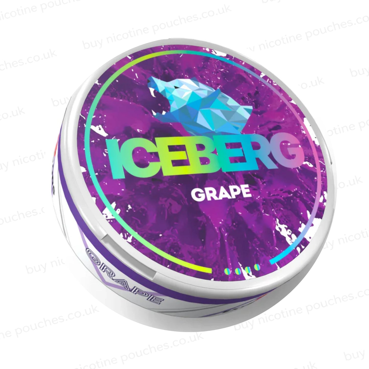 Nicotine pouch tub with purple Iceberg Grape branding with a geometric bear logo on a white background.