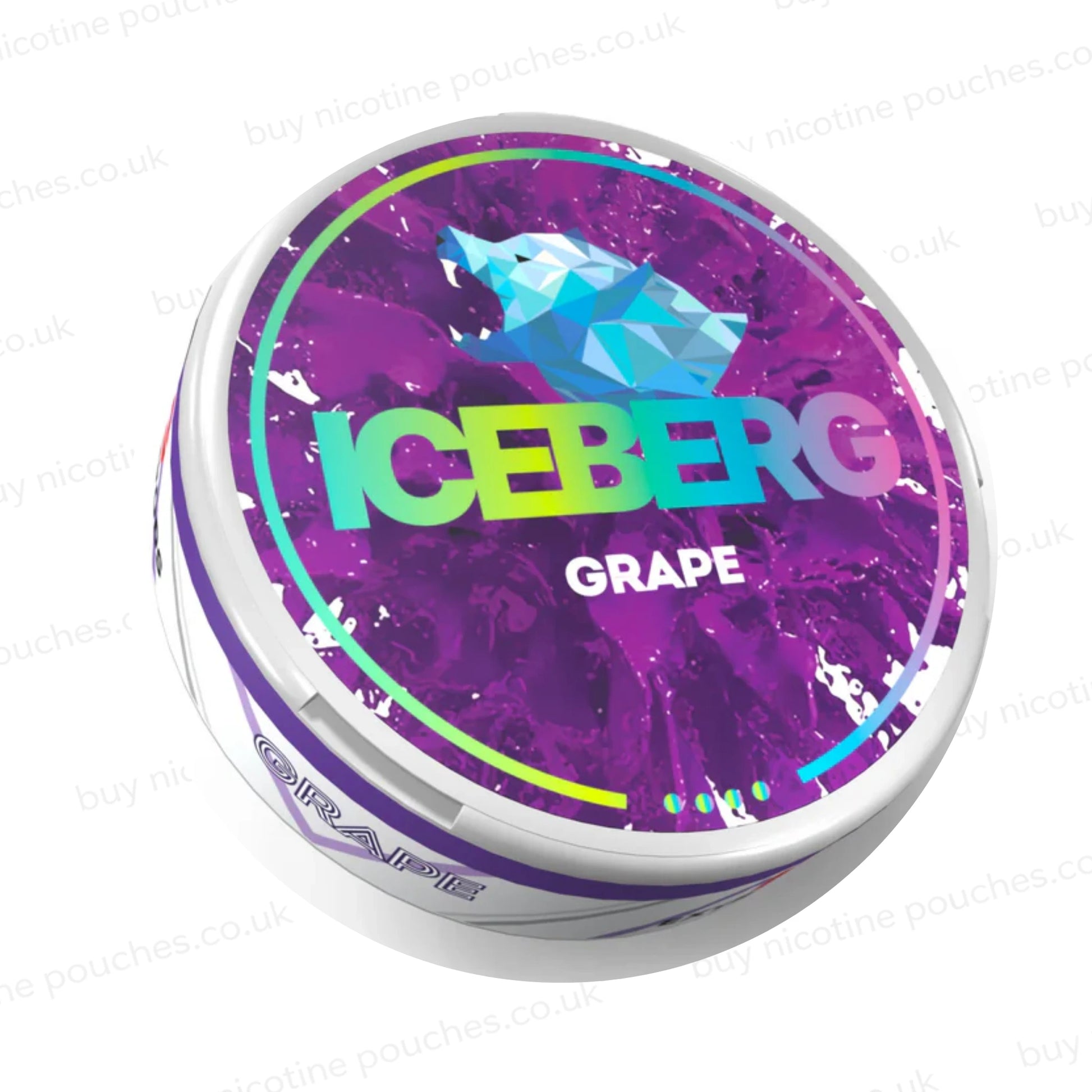 Nicotine pouch tub with purple Iceberg Grape branding with a geometric bear logo on a white background.