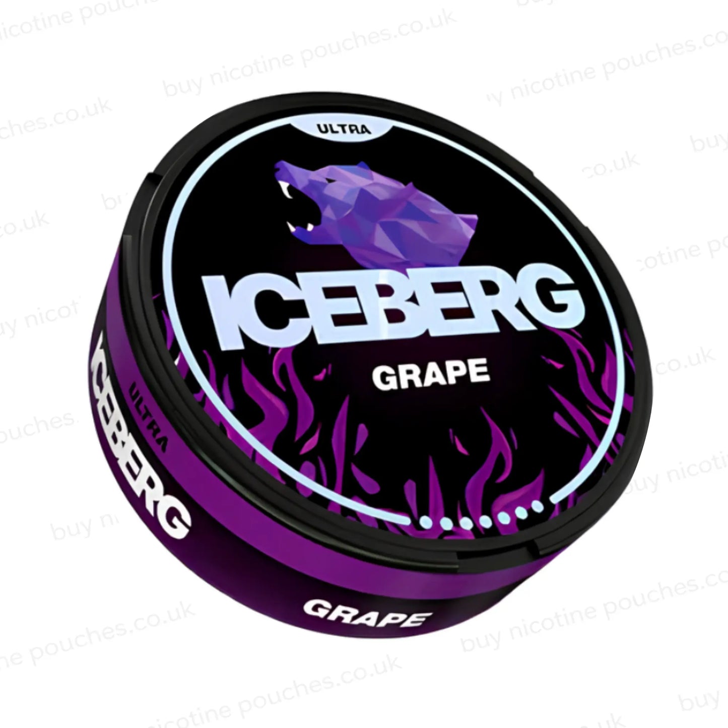 Angled shot of a nicotine pouch tub with black and purple 'Iceberg Grape Ultra' branding on a white background.