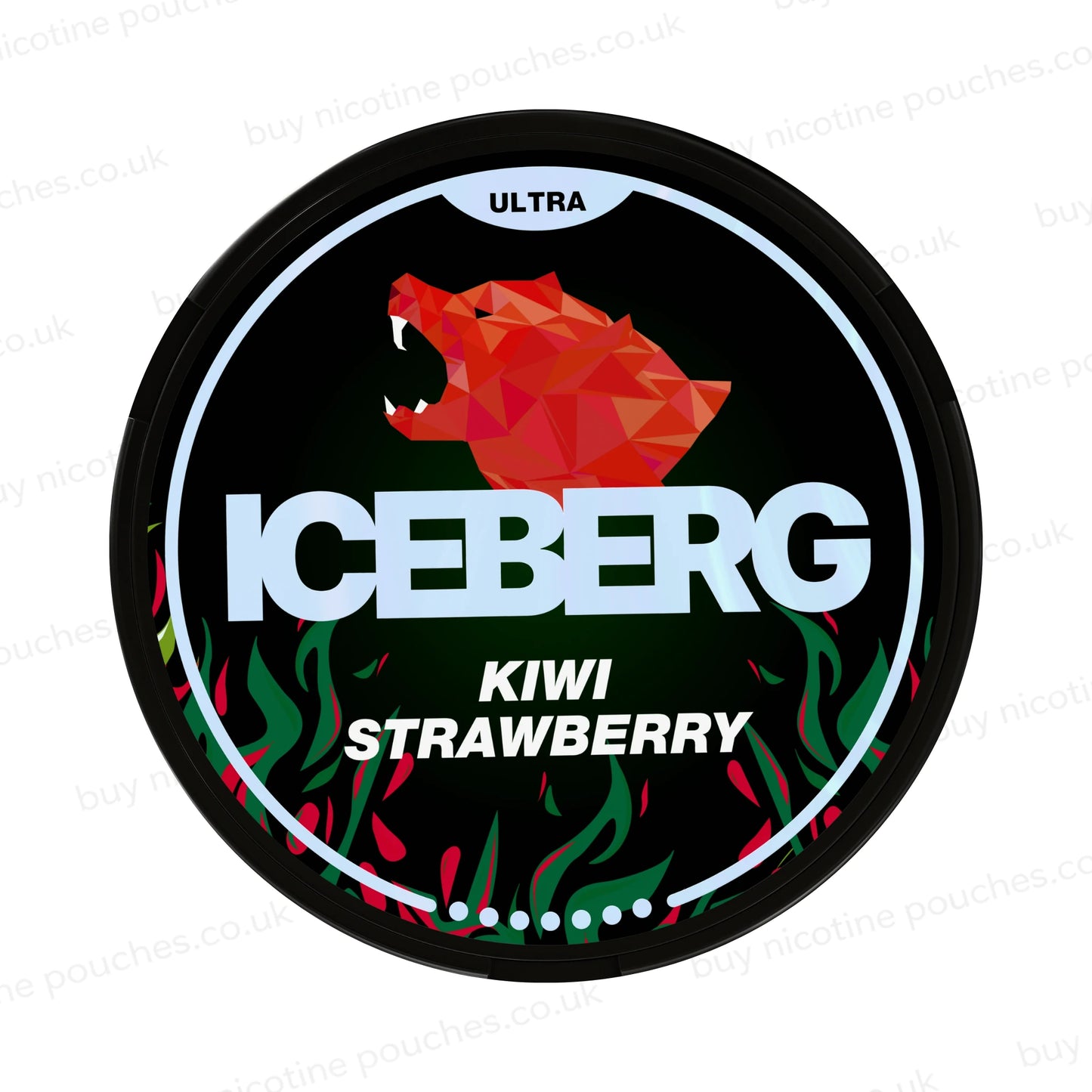 Nicotine pouch tub with green and red 'Iceberg Kiwi Strawberry Ultra' branding on a white background.