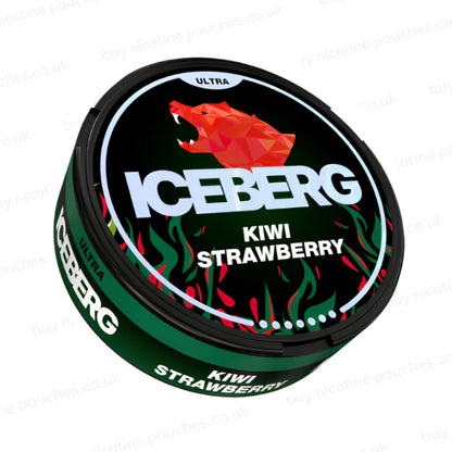 Angled shot of a nicotine pouch tub with green and red 'Iceberg Kiwi Strawberry Ultra' branding on a white background.