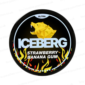 Black nicotine pouch container with yellow and red Iceberg Strawberry Banana Gum branding on a white background.