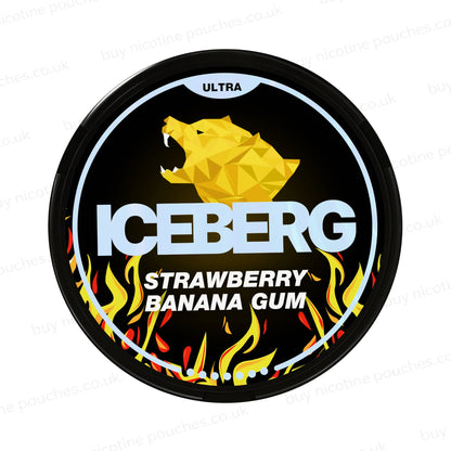 Black nicotine pouch container with yellow and red Iceberg Strawberry Banana Gum branding on a white background.