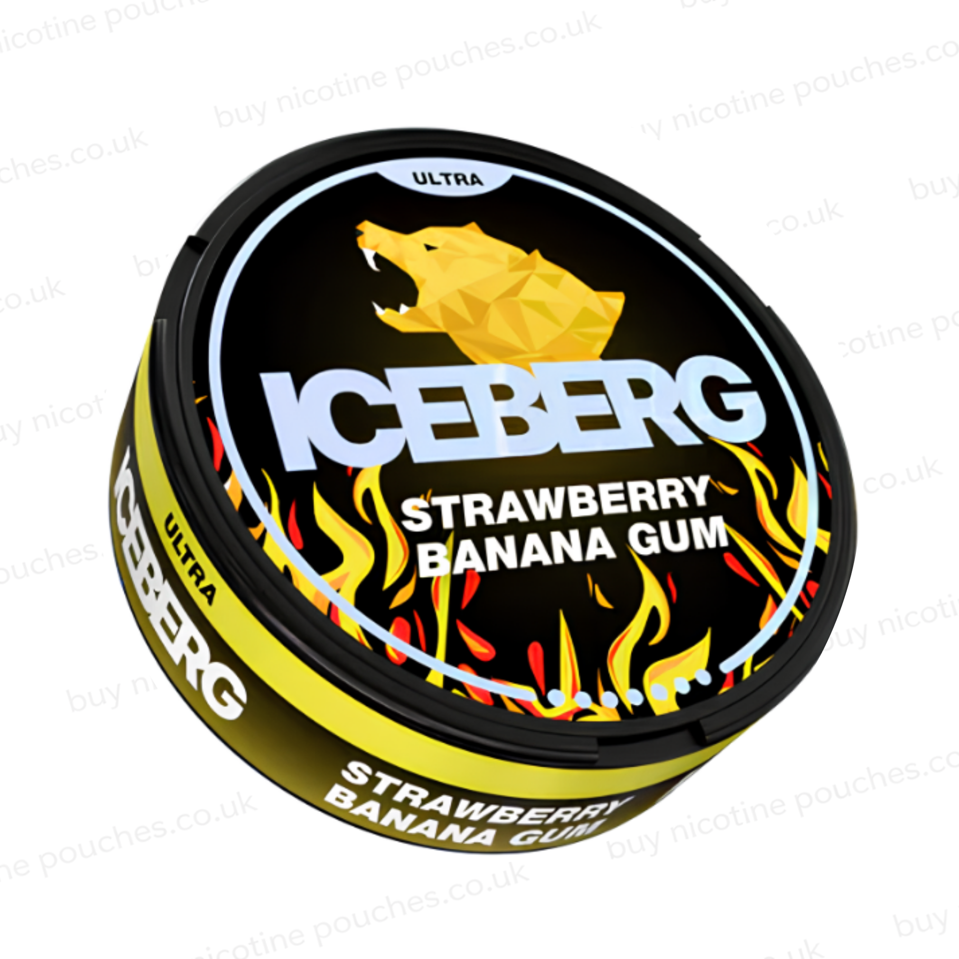 Angled shot of a black nicotine pouch tub with yellow and red 'ICEBERG Strawberry Banana Gum' branding on a white background
