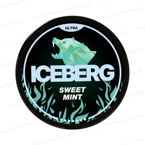 Nicotine pouch tub with black and green 'Iceberg Sweet Mint Ultra' branding on a white background.