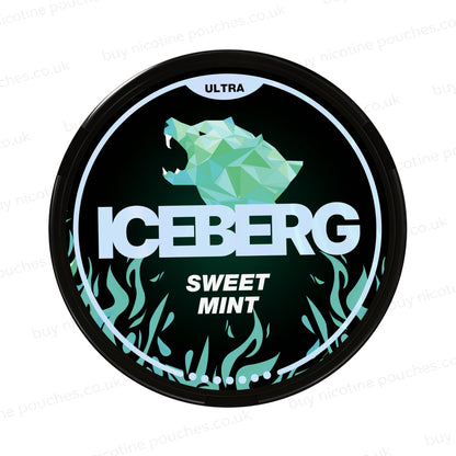 Nicotine pouch tub with black and green 'Iceberg Sweet Mint Ultra' branding on a white background.